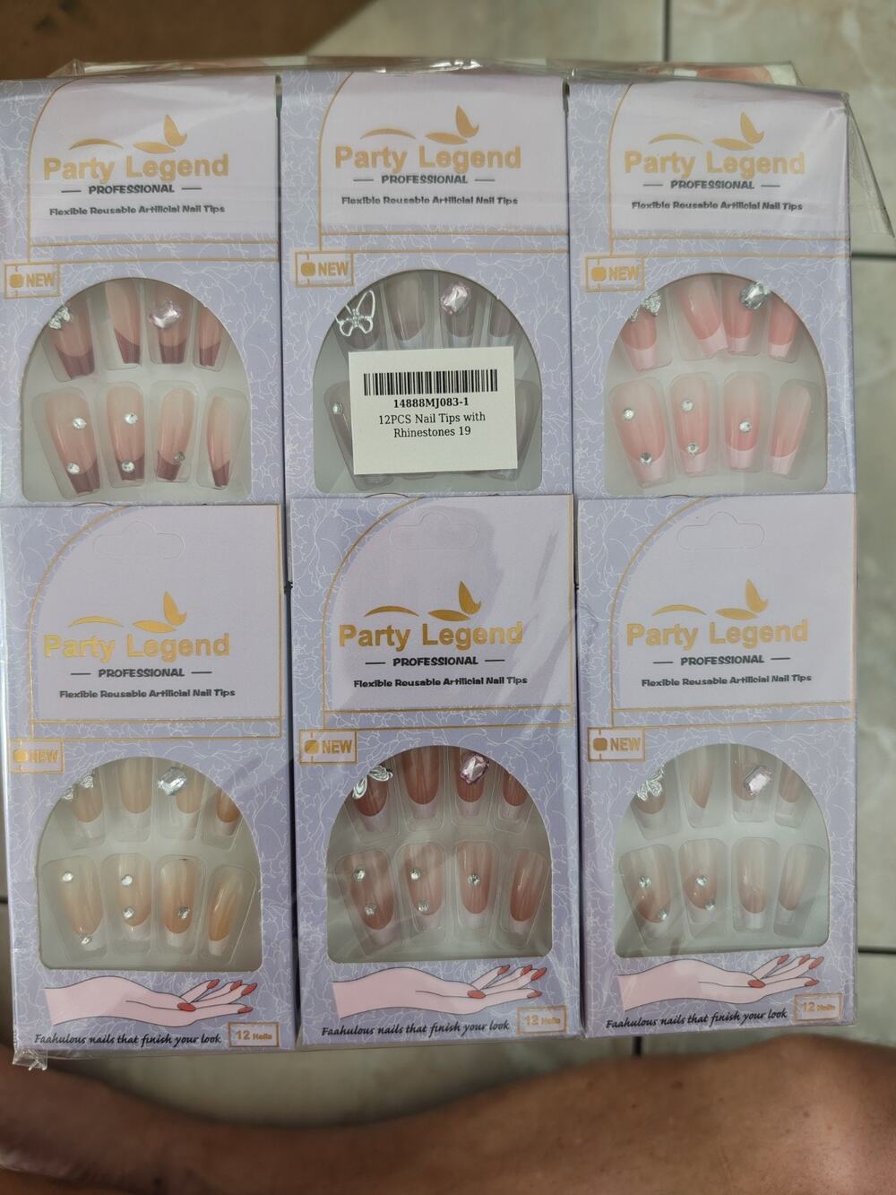 Party Legend Press-On Nails Pink/Nude Long Coffin Acrylic Rhinestone Butterfly
